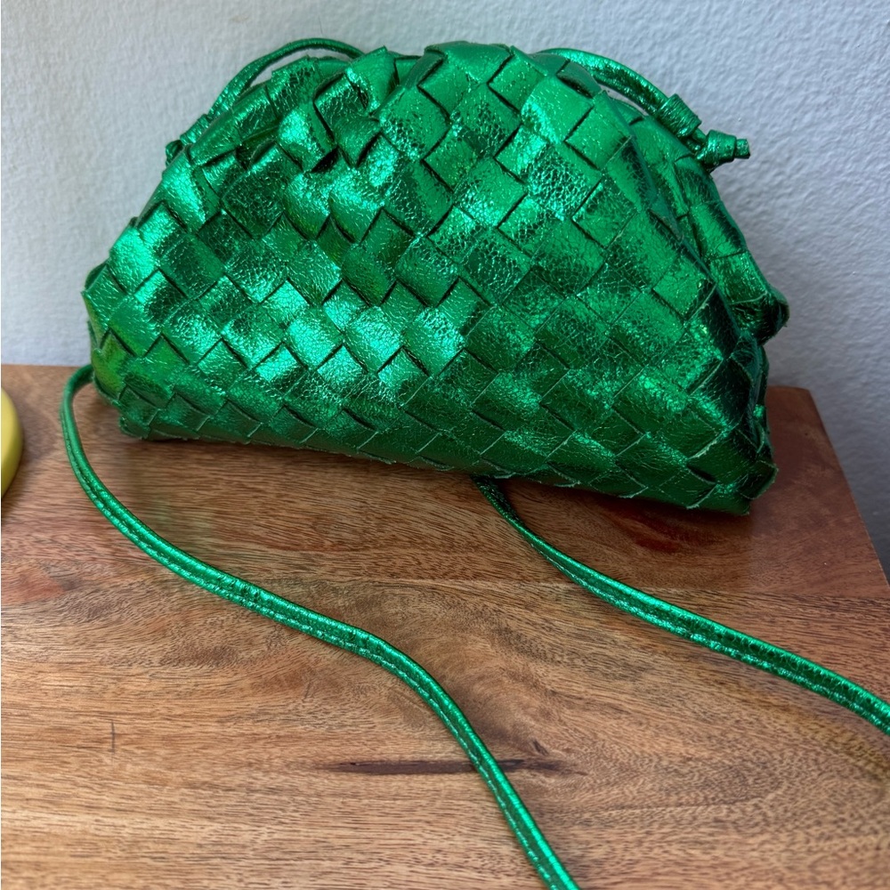 Green Metallic Woven Leather Bag